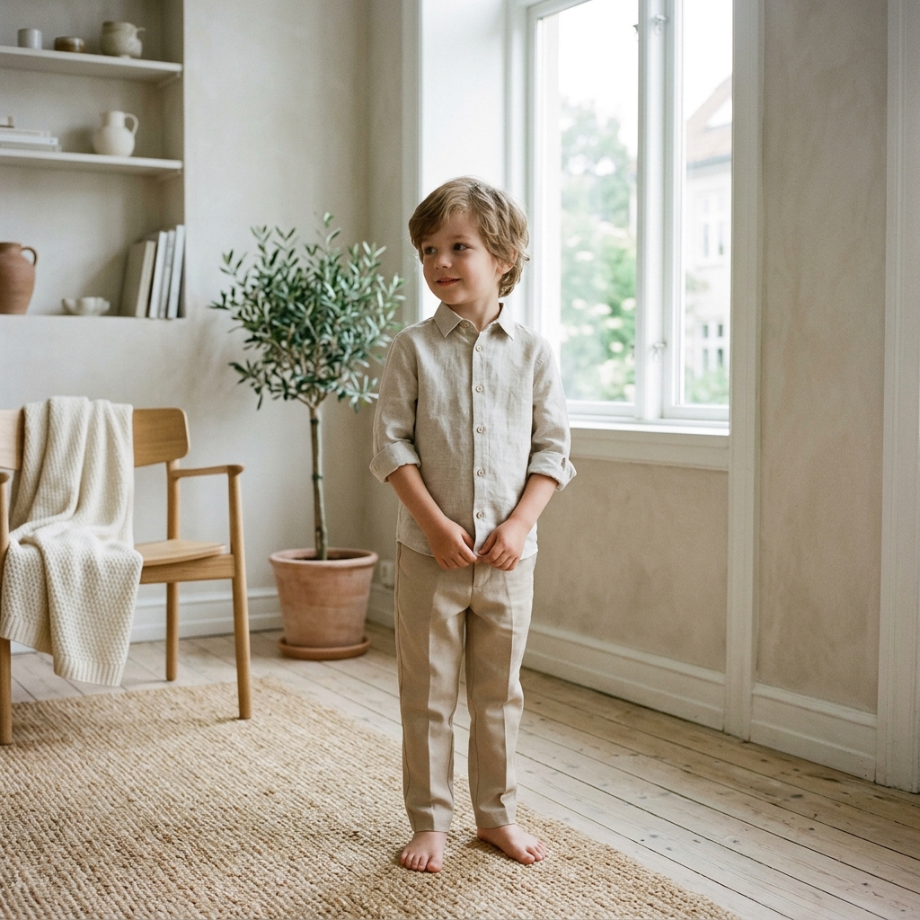 Boy in linen organic shirt in Scandinavian style room