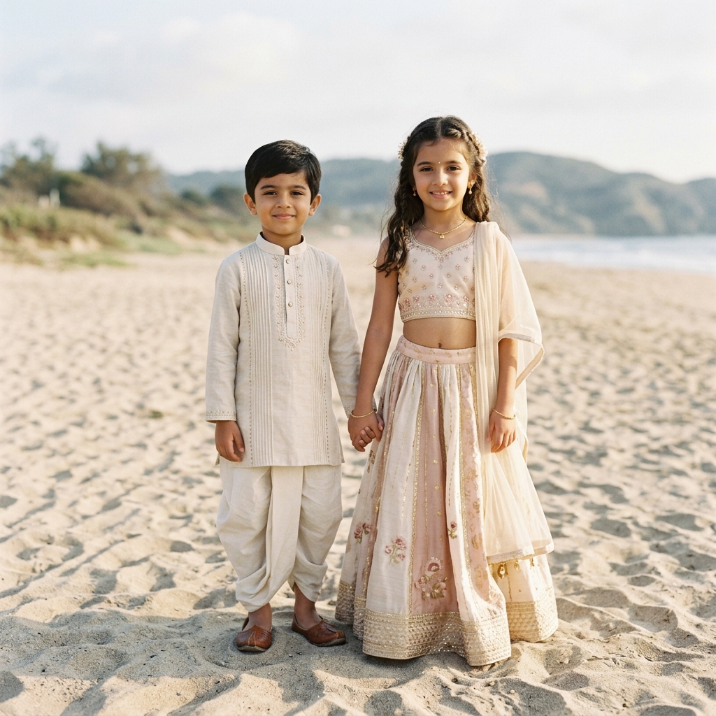 Indian kids traditional clothing in soft pastel colors