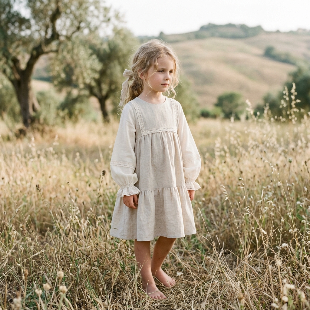 Young girl wearing a simple minimal cream dress