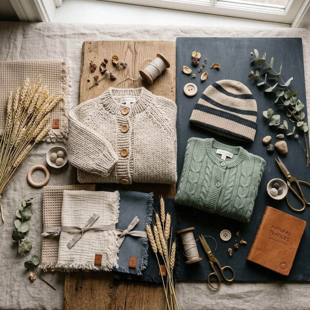 Flat lay of knitwear cardigans and organic fabric details
